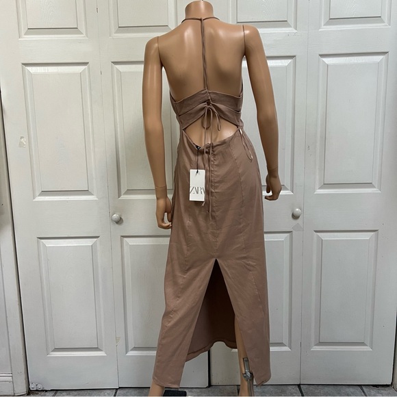 Zara Linen Blend Open Back Halter Tan Sleeveless Dress Size L  New - Picture 12 of 13